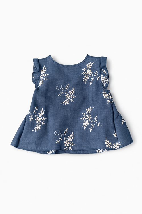 Blouse brodée bleu denim